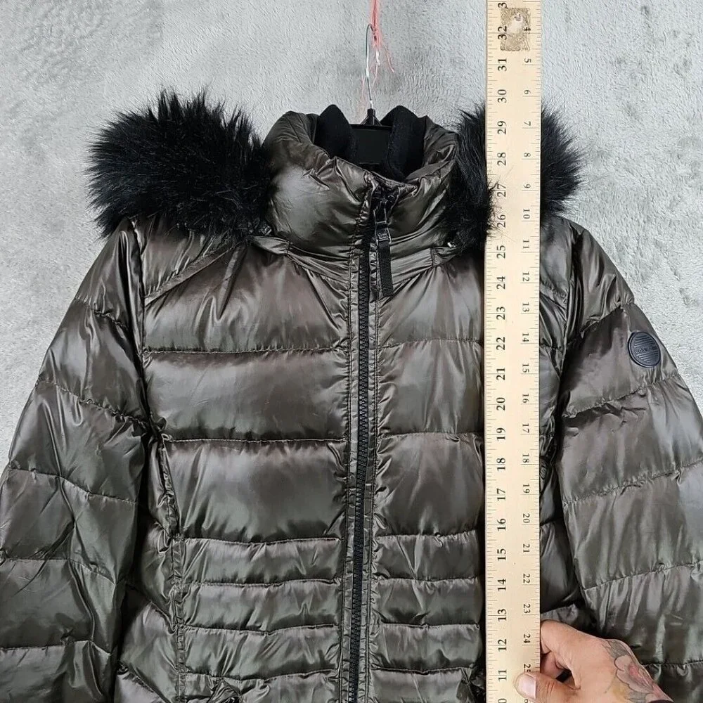 Calvin Klein Duck Down Puffer Jacket Womens Size M Brown Faux Fur Trim Hood - Picture 3 of 10